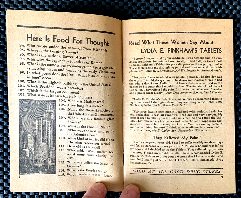 THREE HUNDRED BRAIN TEASERS LYDIA E. PINKHAM'S DEPENDABLE PRODUCTS BOOKLET