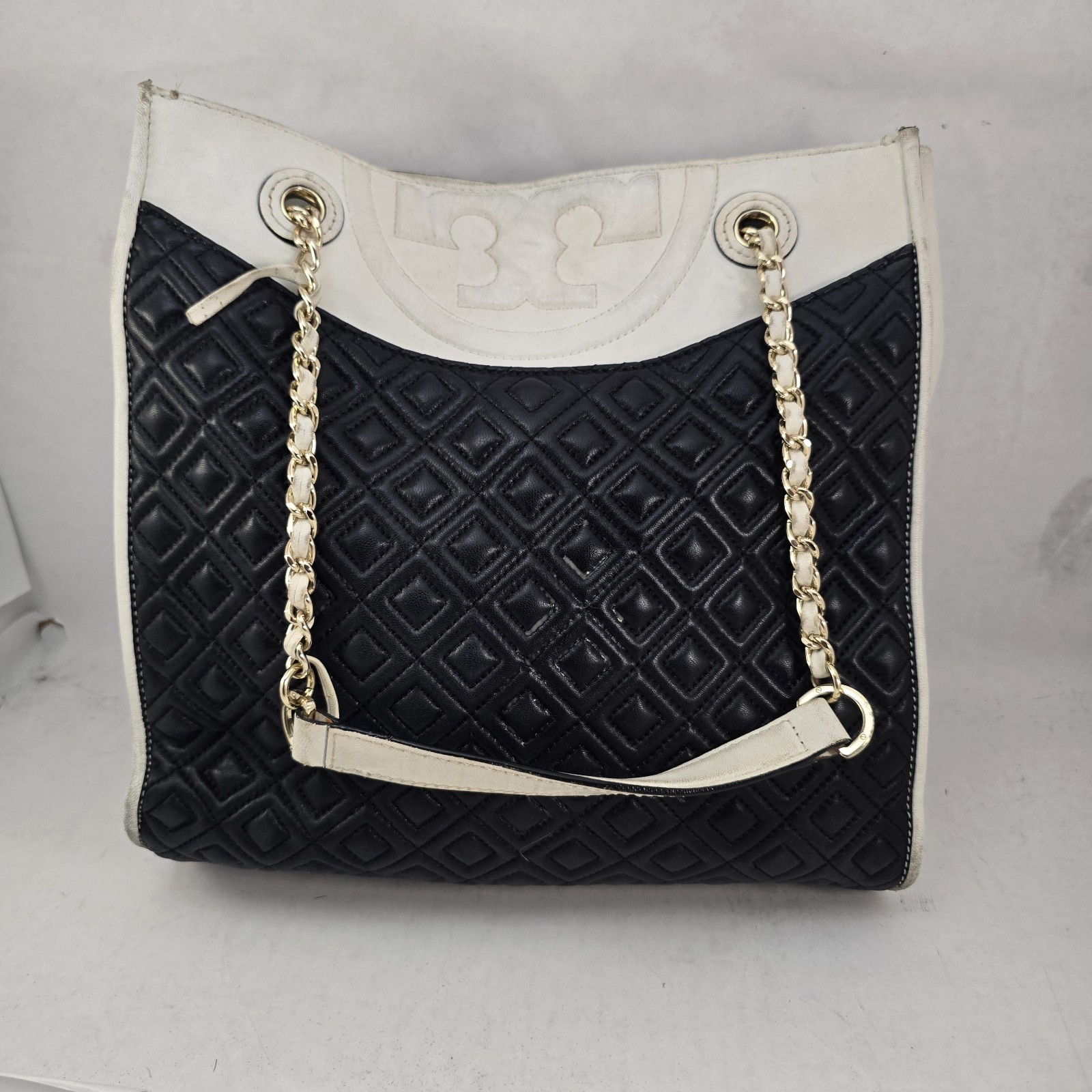 Tory Burch Fleming Quilted Leather Tote Black Ivory Chain Shoulder Bag