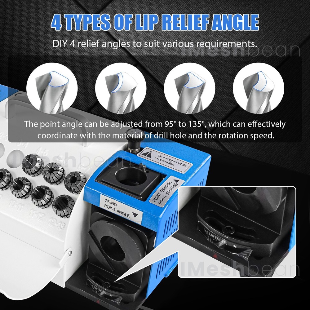 3-13mm Drill Bits Sharpener 95°-135° Bits Grinder Sharpener w/11 Collets 2 Wheel