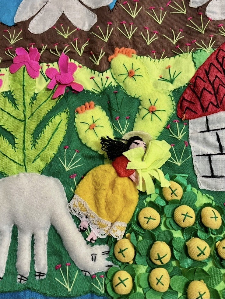 Handmade Peruvian Textile Art Farm Scene Wall Hanging 3D Pink Red Pillow Cover