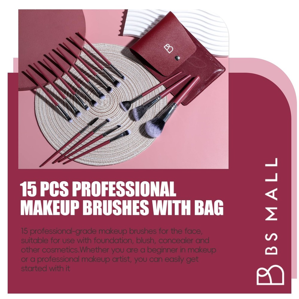 BS-MALL 15PCS Professional Makeup Brushes Set – Multi-Purpose Silver red
