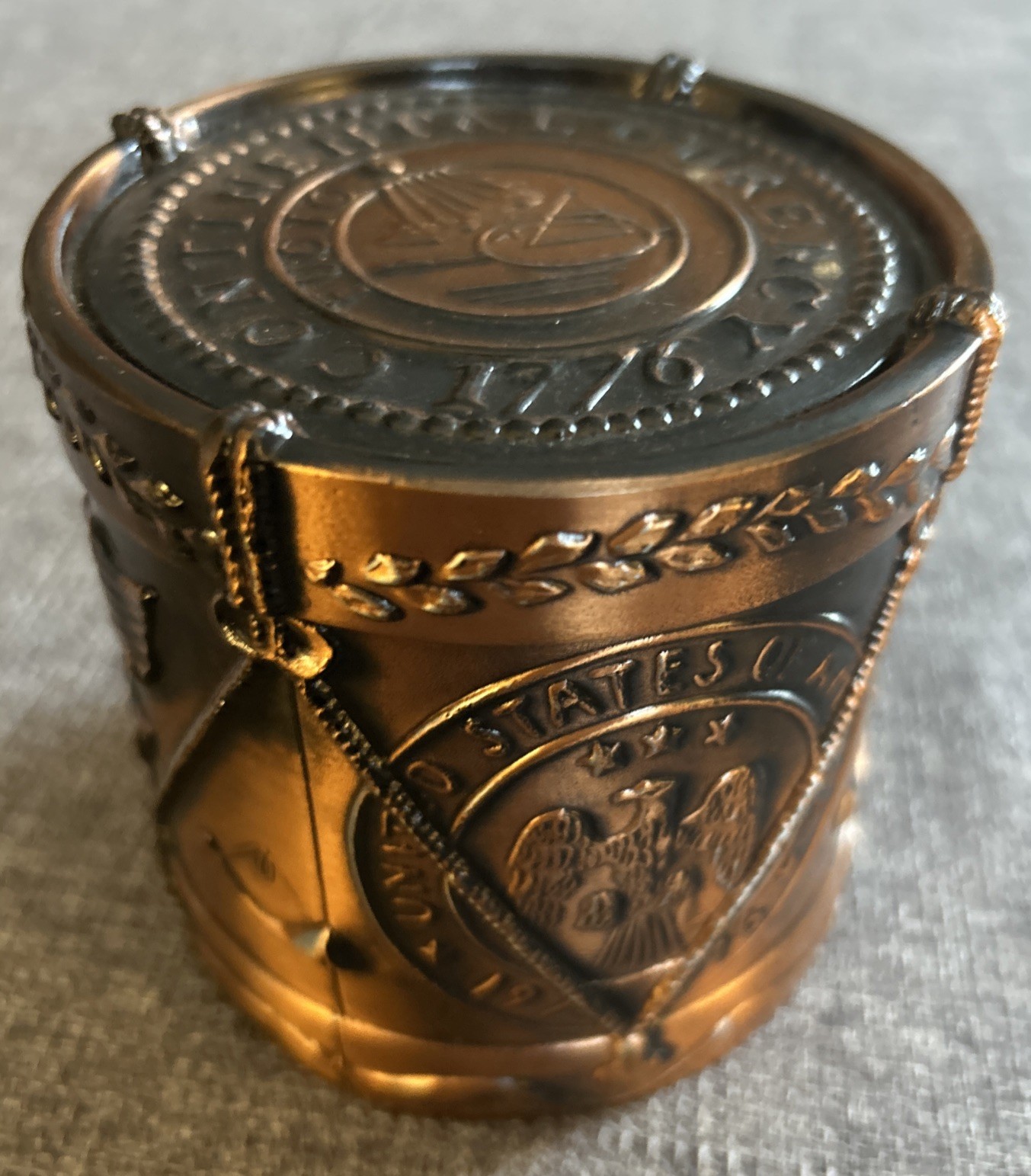 BICENTENNIAL METAL DRUM COIN BANK NATIONAL BANK OTTAWA  IL 1976 VINTAGE CURRENCY