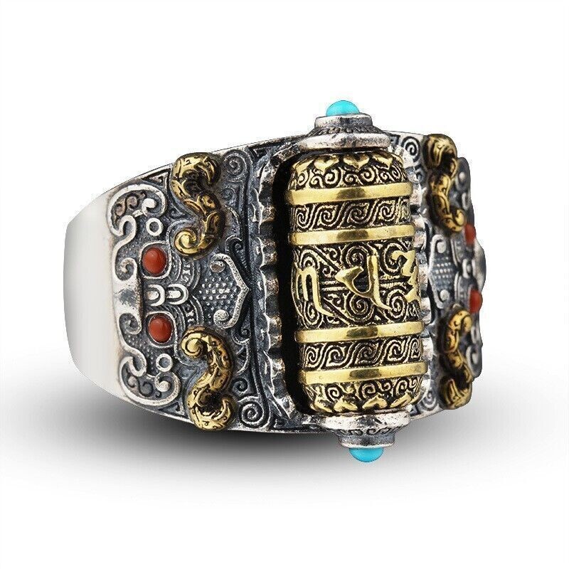 Men's Open Ring Buddhist prayer wheel Ring Adjustable Ring