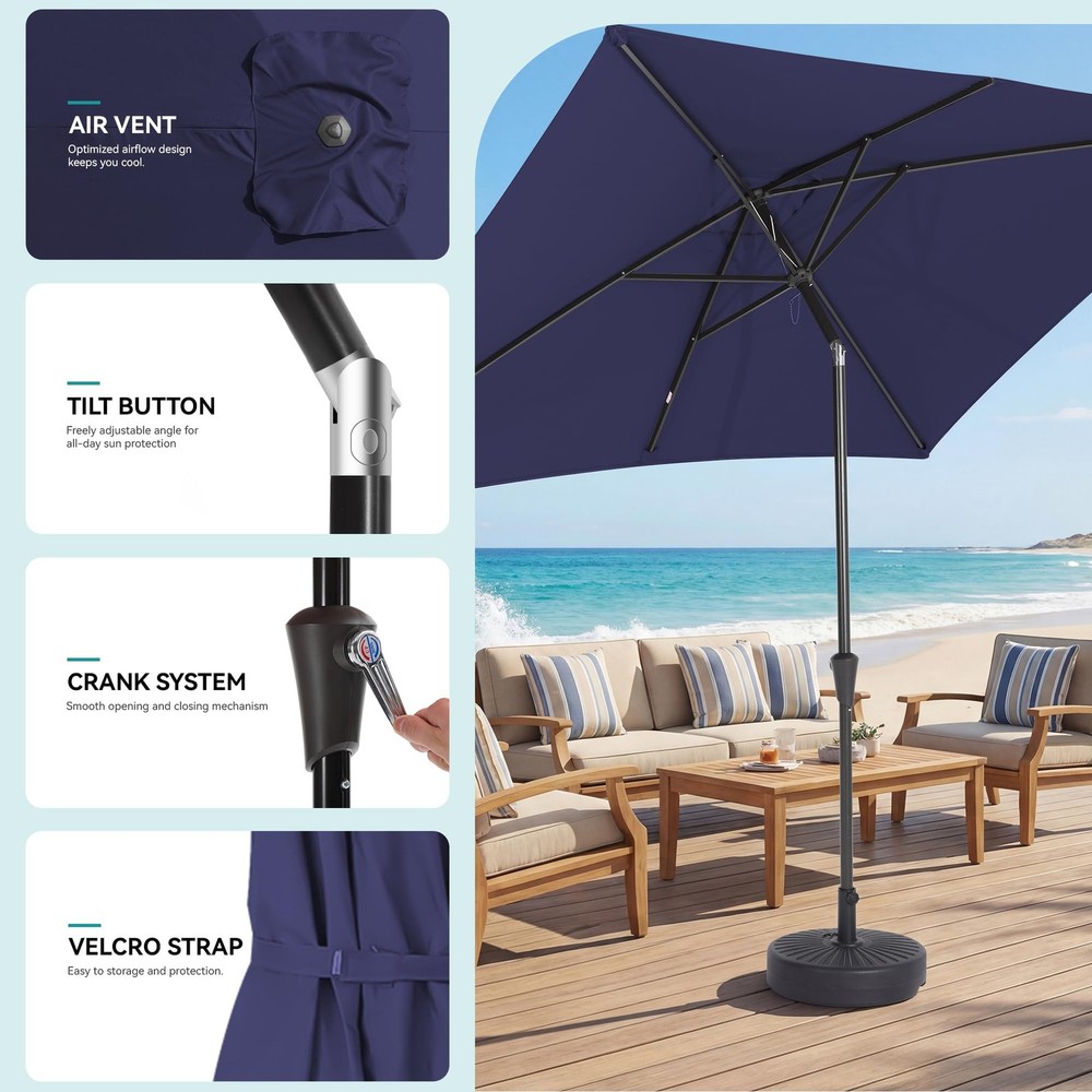 Rectangular Patio Umbrella, 6.5 x 10 ft Rectangle Table Navy Blue, Blue
