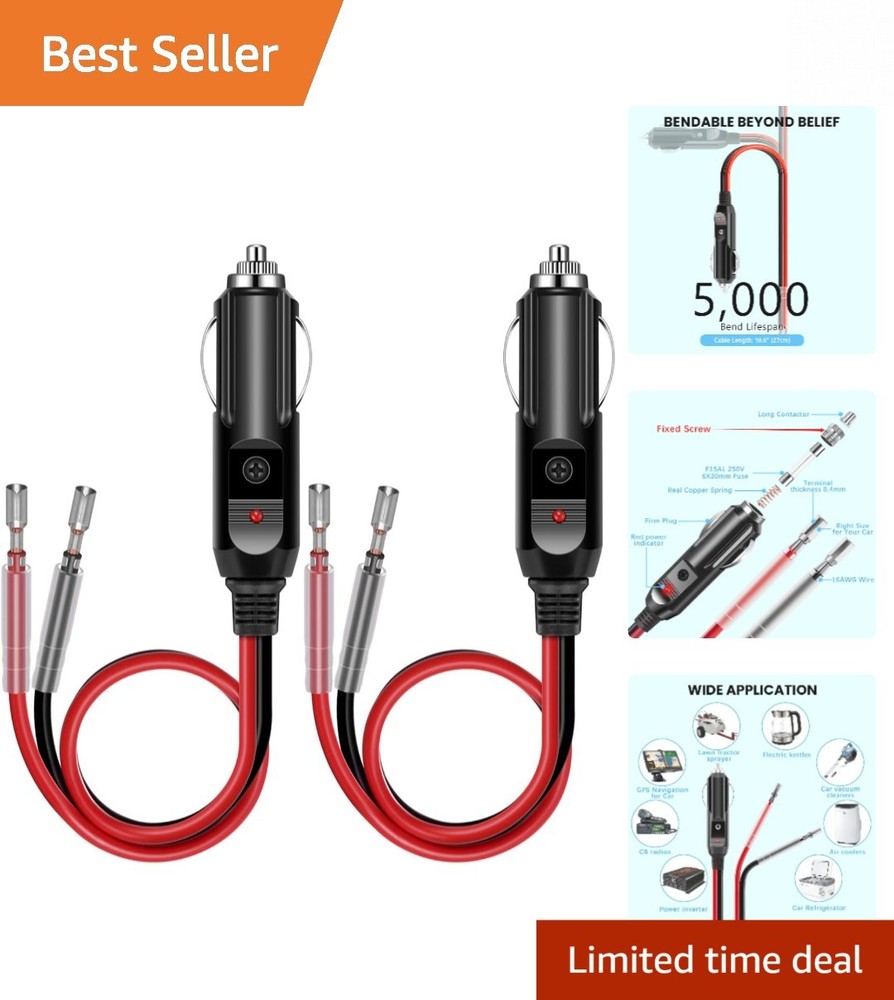 Reliable 12V Cigarette Lighter Plug with Fuse, Indicator & 1FT Cable - 2 Count