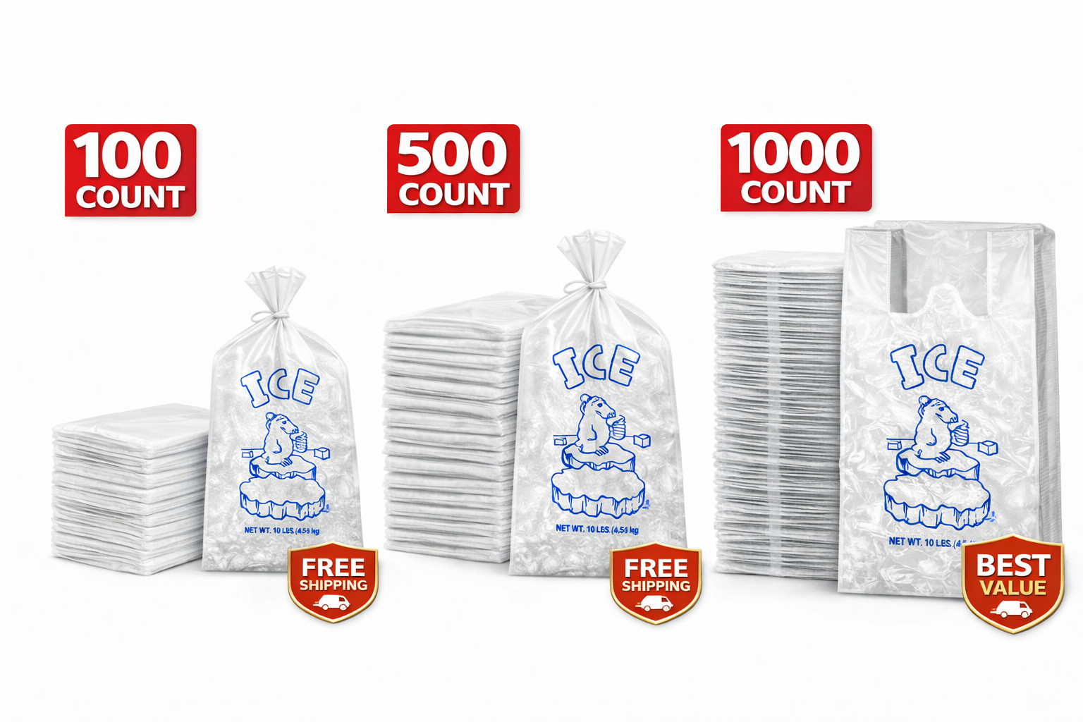 10 lb Ice Bags Drawstring Clear Plastic Heavy Duty 100 500 1000 Bulk FAST SHIP