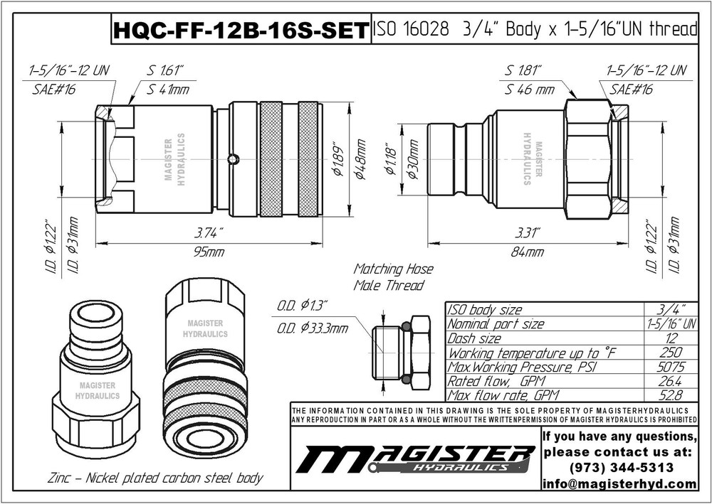 3/4″ Flat Face Hydraulic Quick Couplers Set - 1″ SAE Thread