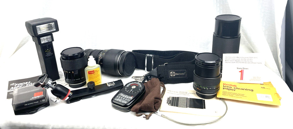 Camera Accs. Bundle 4 Lens, Exposure Meter , Strap, Flash, Bracket, LIST Below!!