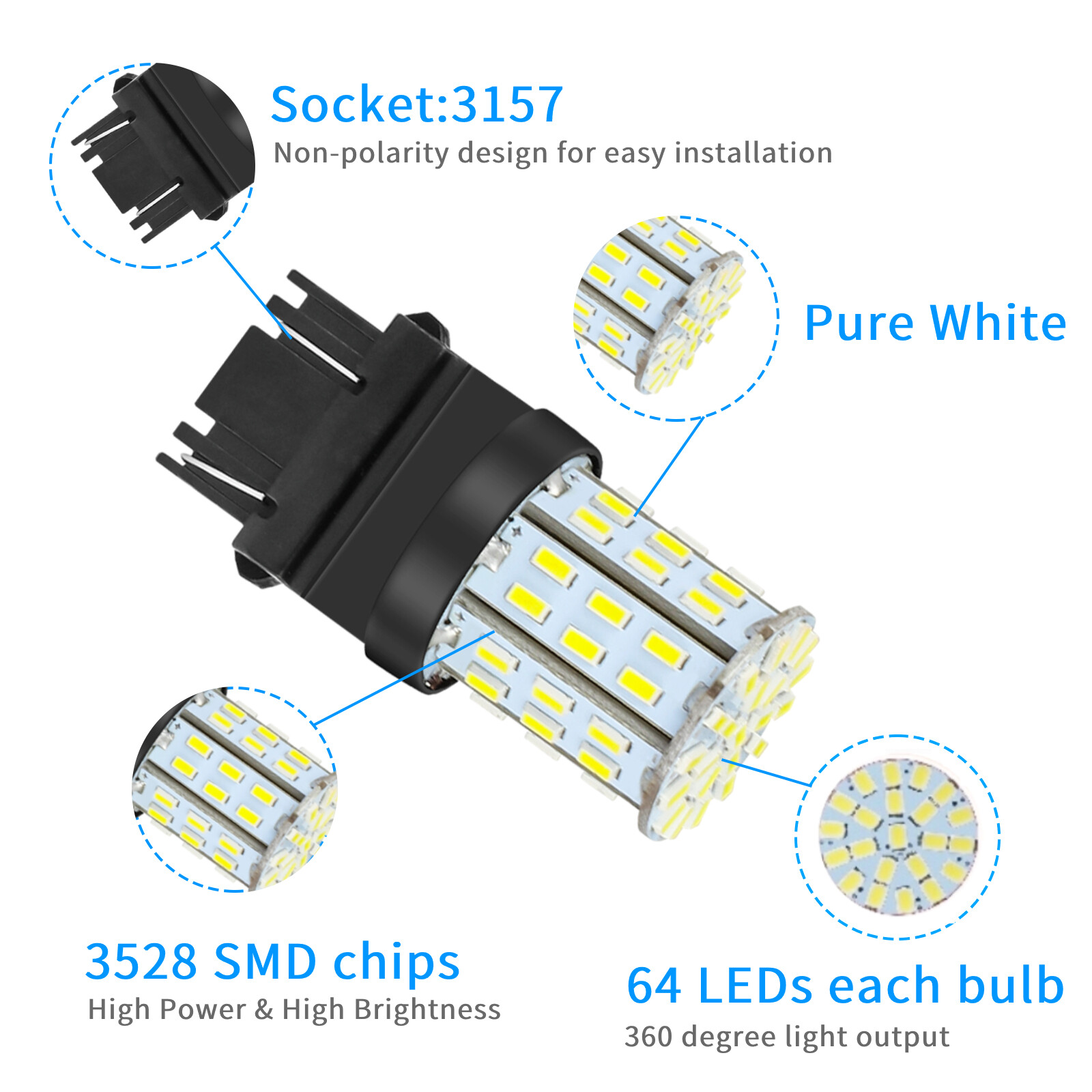 4X 3157 64SMD LED Reverse Tail Brake Stop Turn Signal DRL Light Bulb 6000K White