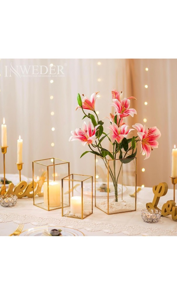 Glass Hurricane Candle Holder: 3 Pcs Gold Large Rectangular Lantern