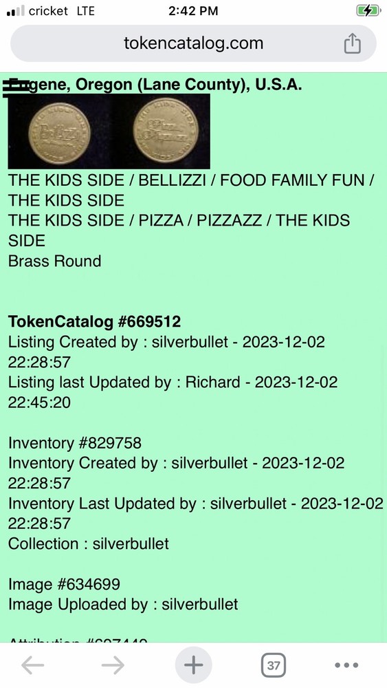 Advertisement Token - Bellizza Pizza - Eugene, Oregon