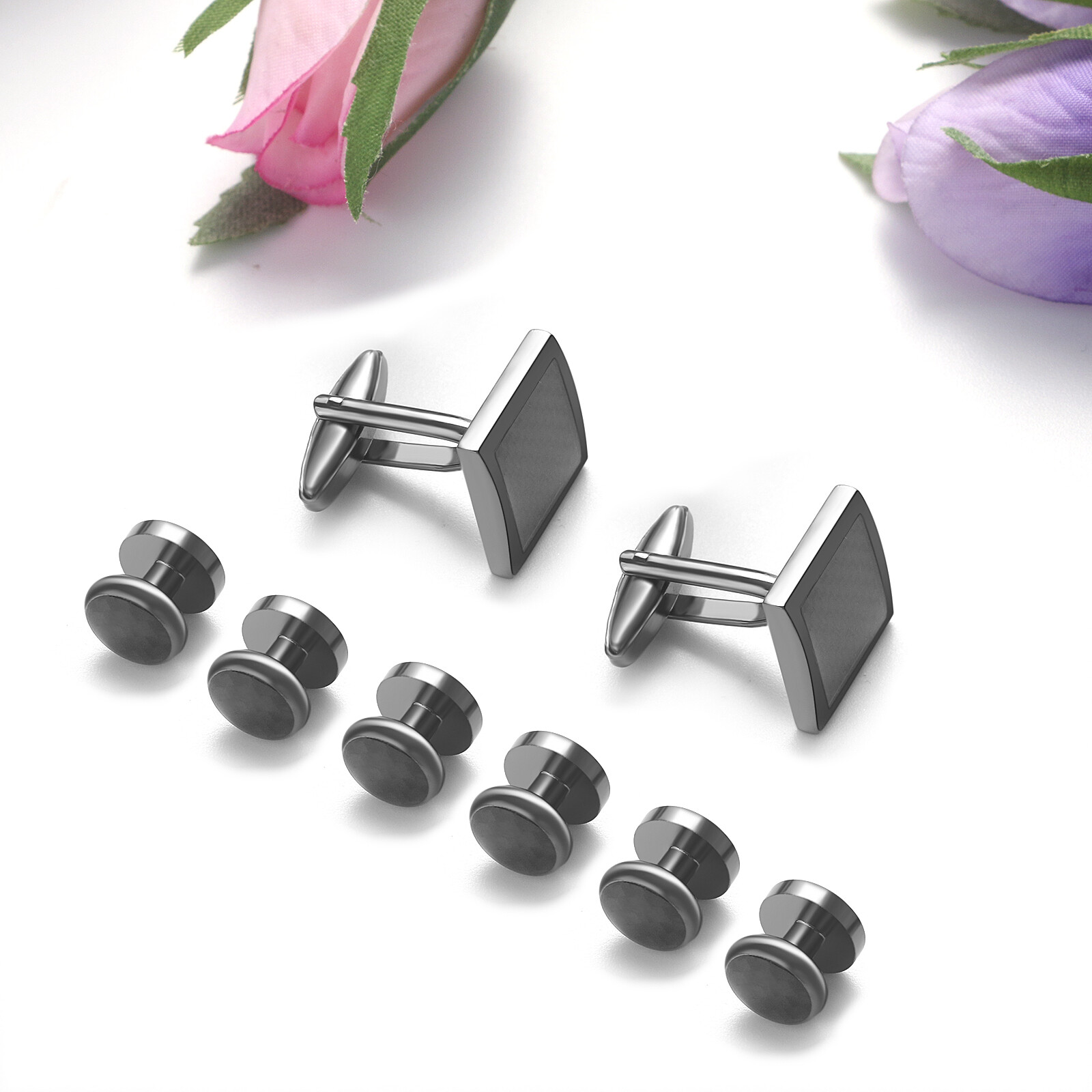 8pcs Men Carbon Fiber Tuxedo Cufflinks Shirt Wedding Buttons Cuff Links Stud Set