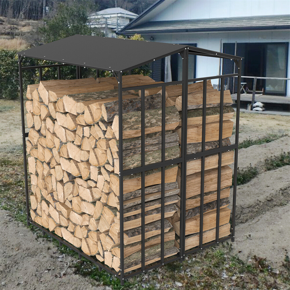 In/Outdoor Firewood Rack with Cover Firewood Storage Log Holder Heavy Duty Steel