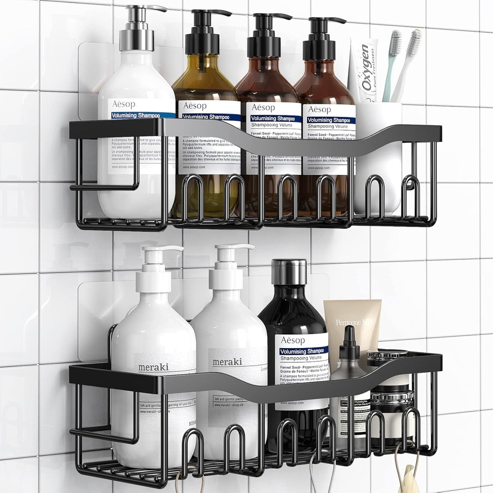 Adhesive Shower Caddy 2 Pack Rustproof Bathroom Shelf Organizer No Drill Black