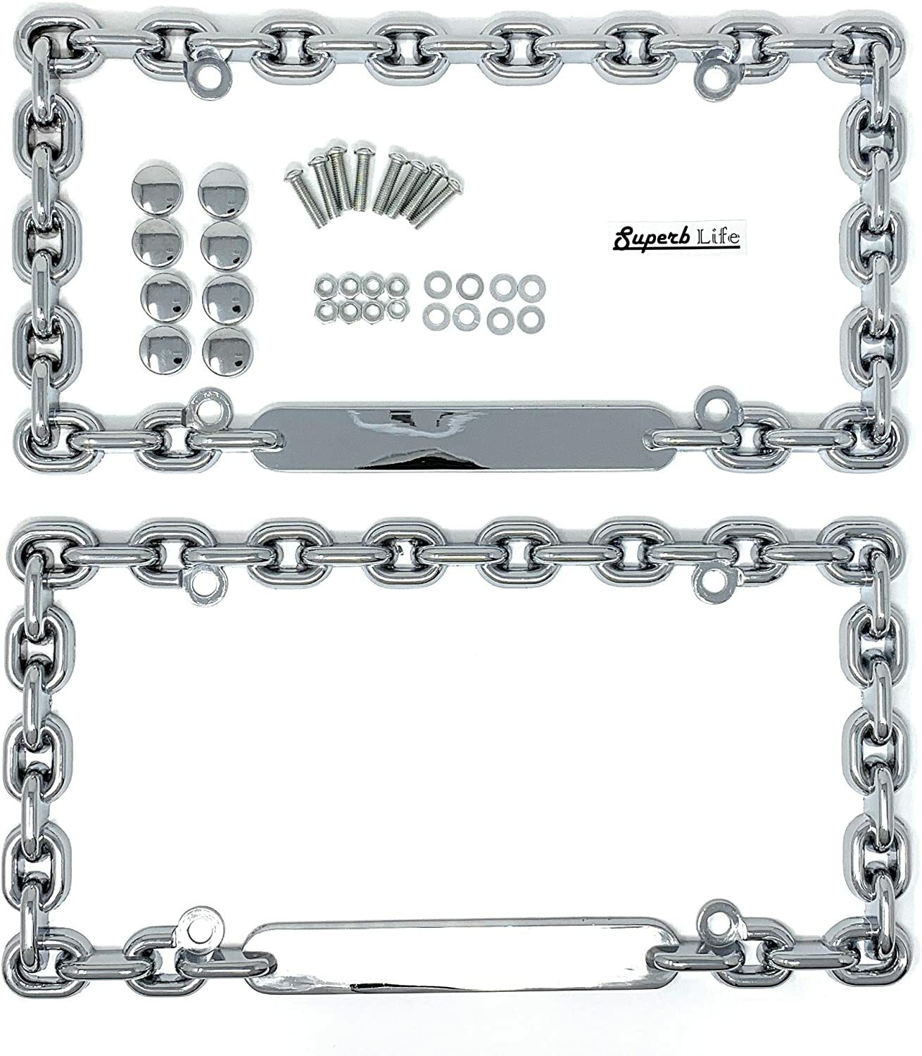 Superb LNF Universal Chrome Mega-Metal Round Chain Link Design License Plate