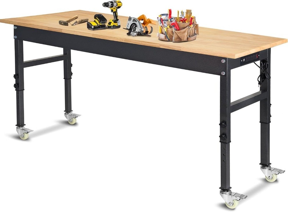 60" Adjustable Work Bench Rubber Wood Top Workbench Heavy-Duty Work Table