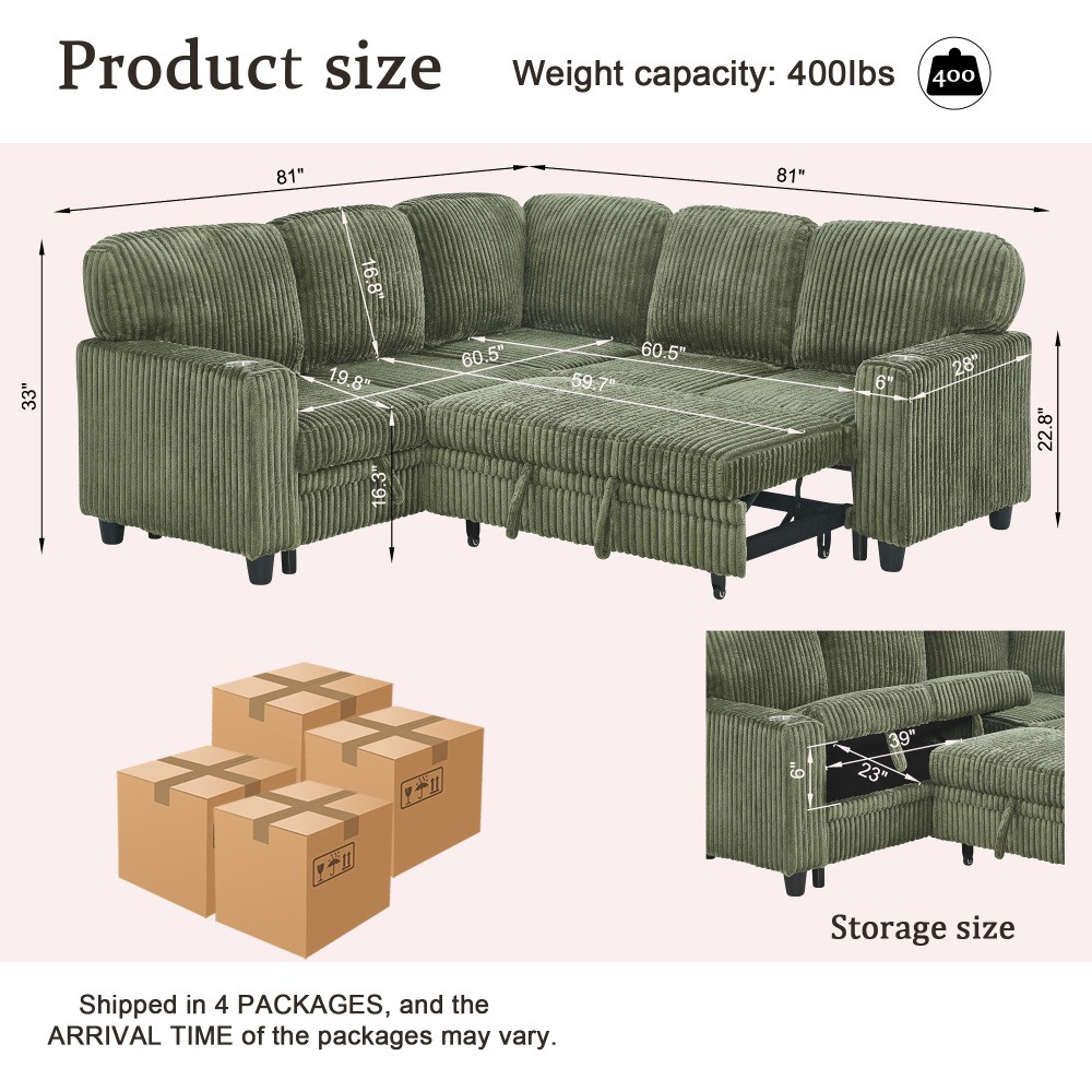 L-Shaped Sofa Bed w/ Pull-Out Sleeper & USB/Type-C, Corduroy, Olive Green