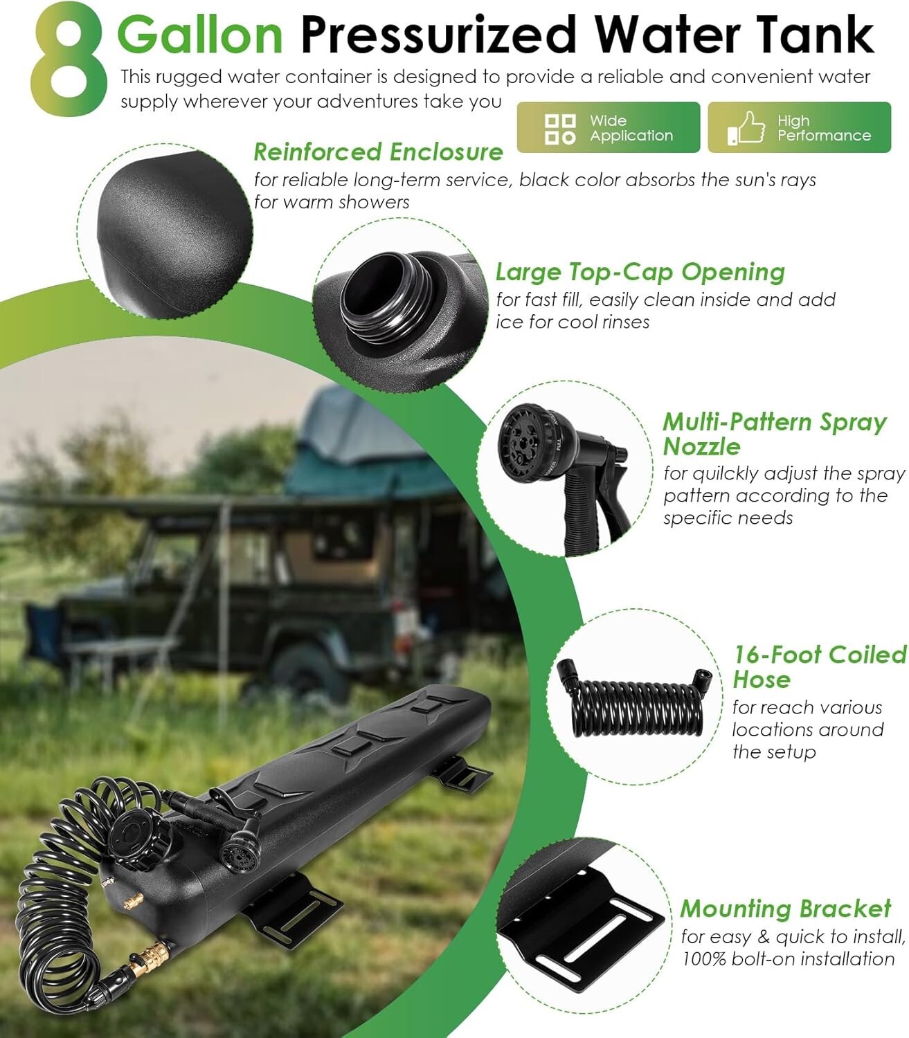 8 Gallon Pressurized Water Tank for Camping Showers, Multiple Mounting