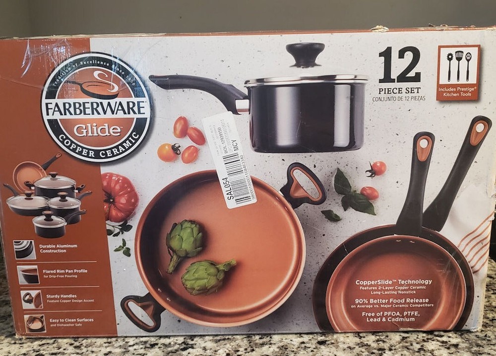 Farberware Glide 12 pc Cookware Set Black Copper Ceramic Nonstick Pots and Pans