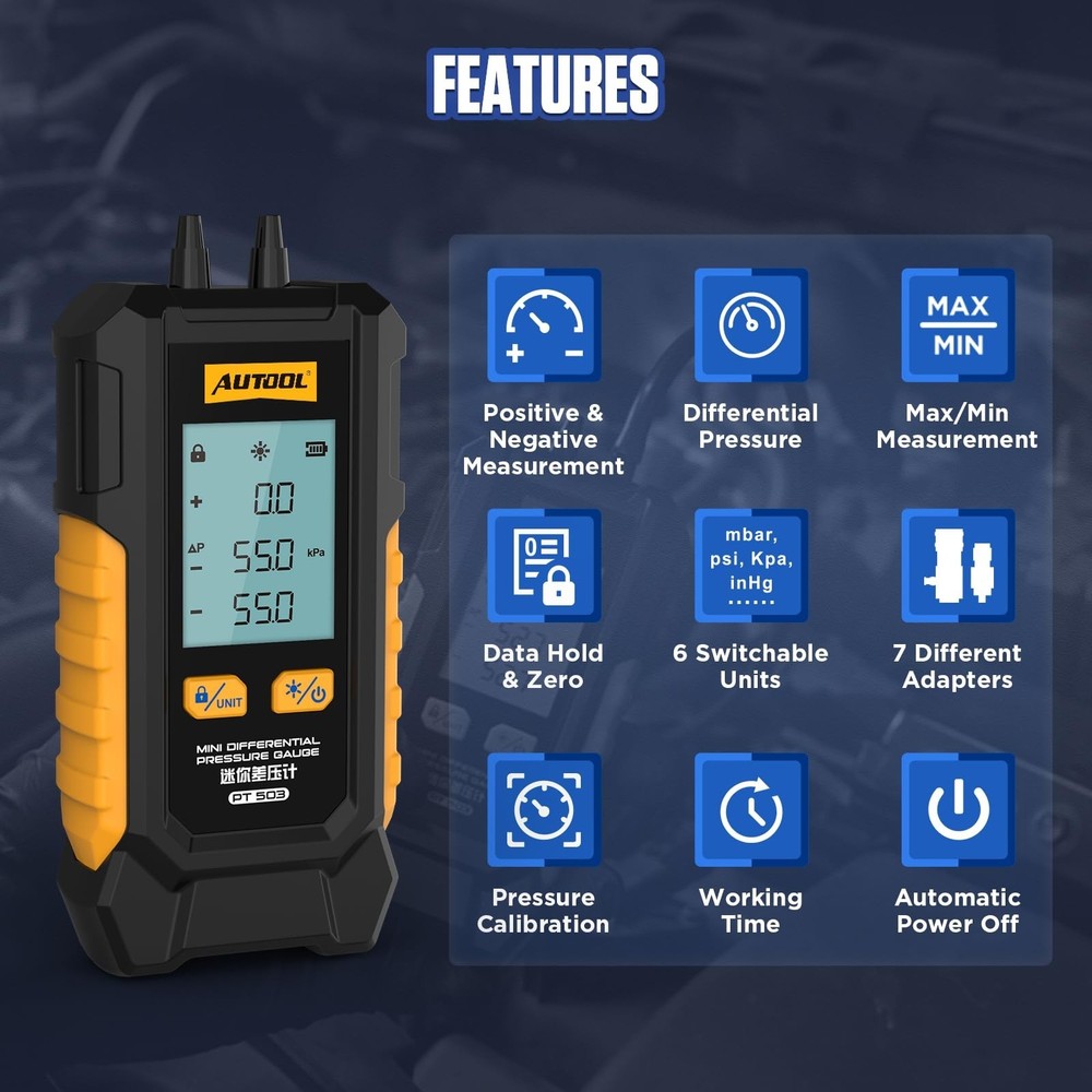 AUTOOL Manometer Gas Pressure Tester, Digital Manometer HVAC, 6 Units Differe...