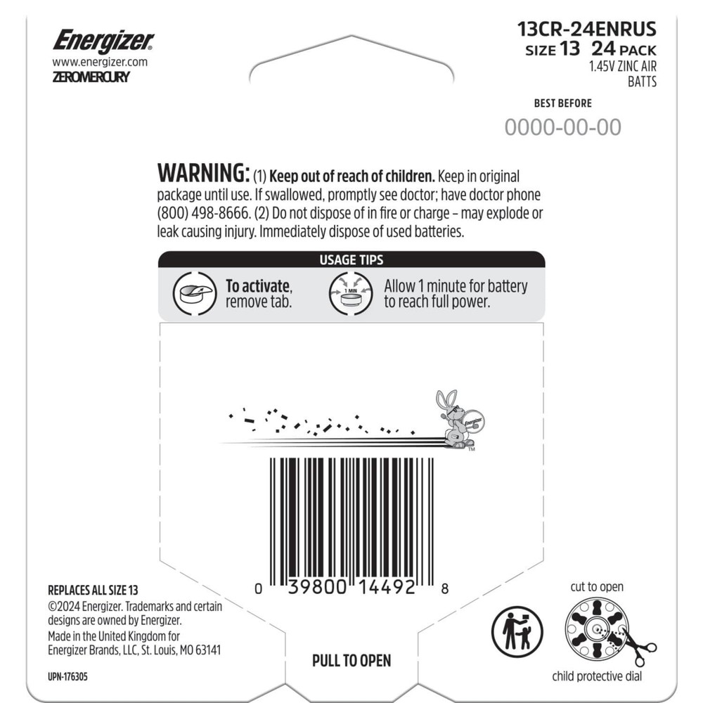 Energizer Hearing Aid Batteries Size 13, Orange Tab, 24 Pack