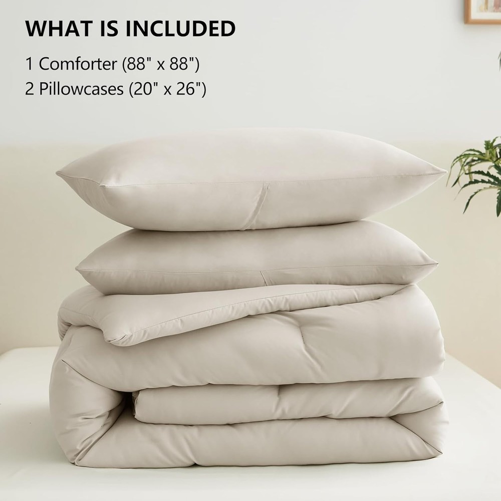 Beige Queen Comforter Set, 3 Pieces Boho Solid Breathable Quilted Style Beddi...