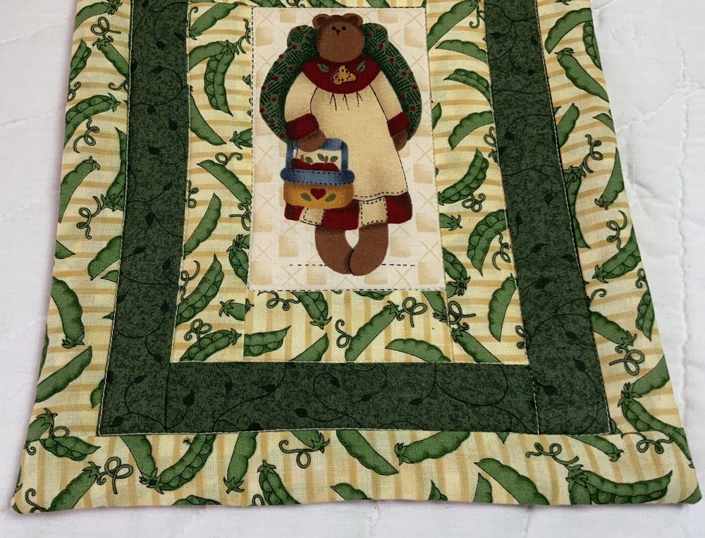 Small Patchwork Quilt Wall Hanging, Country, Rectangles, Bear In Center
