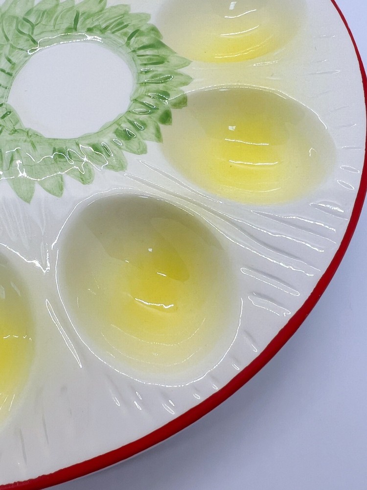 Vintage Ceramic ?Enesco Easter deviled eggs platter round, green/yellow/red 9”