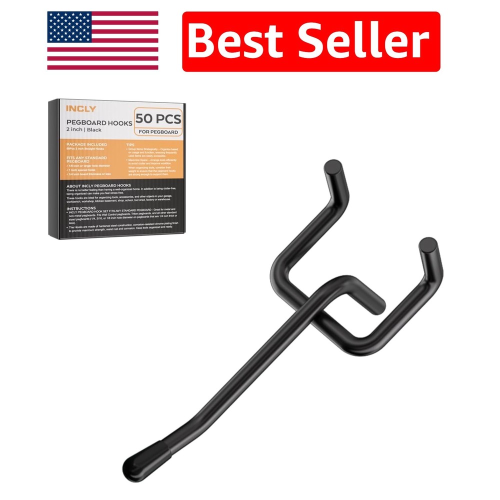 Space-Saving 50 Pack 2 Inch Metal Pegboard Hooks with Protective Rubber Tips