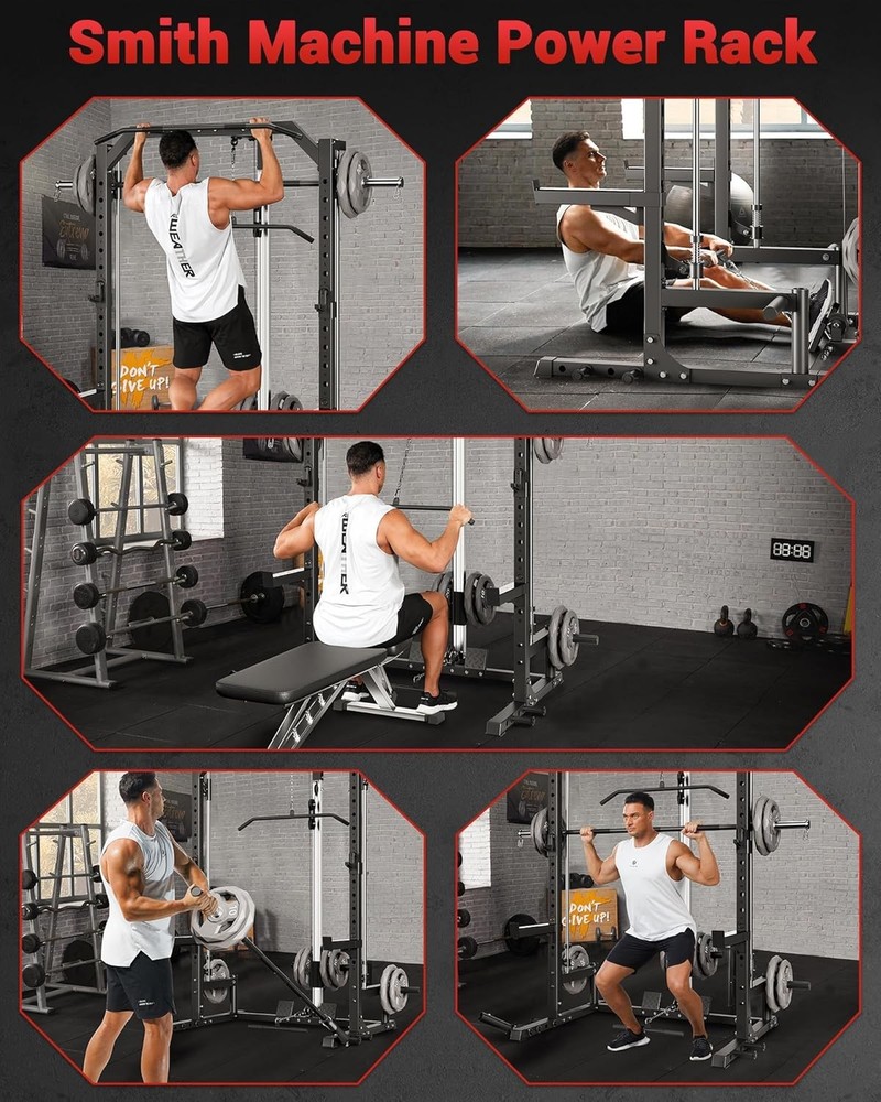 Multi-Functional Smith Machine Home Gym W Barbell Bar Cable System LAT Pulldown