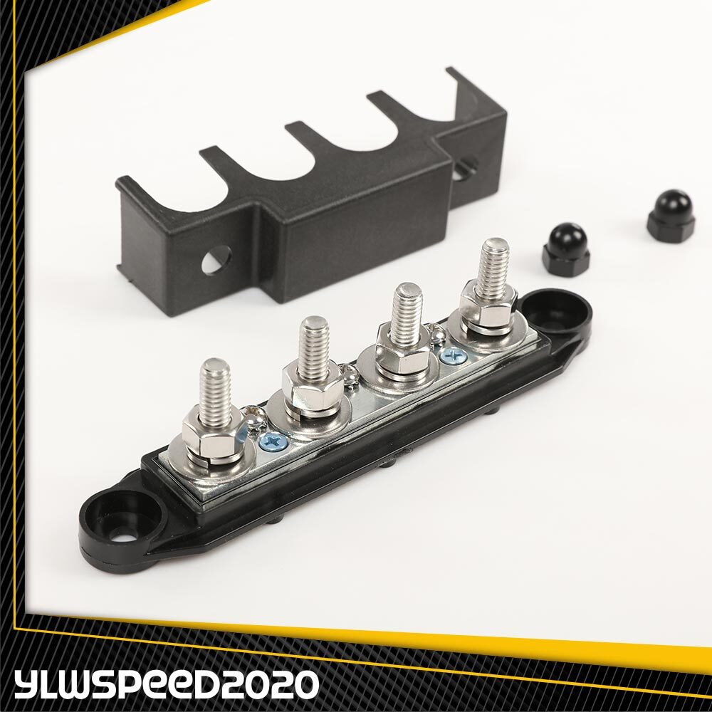 4 Post Busbar Power Ground Distribution block 12V 250A W/ Cover 5/16" Black