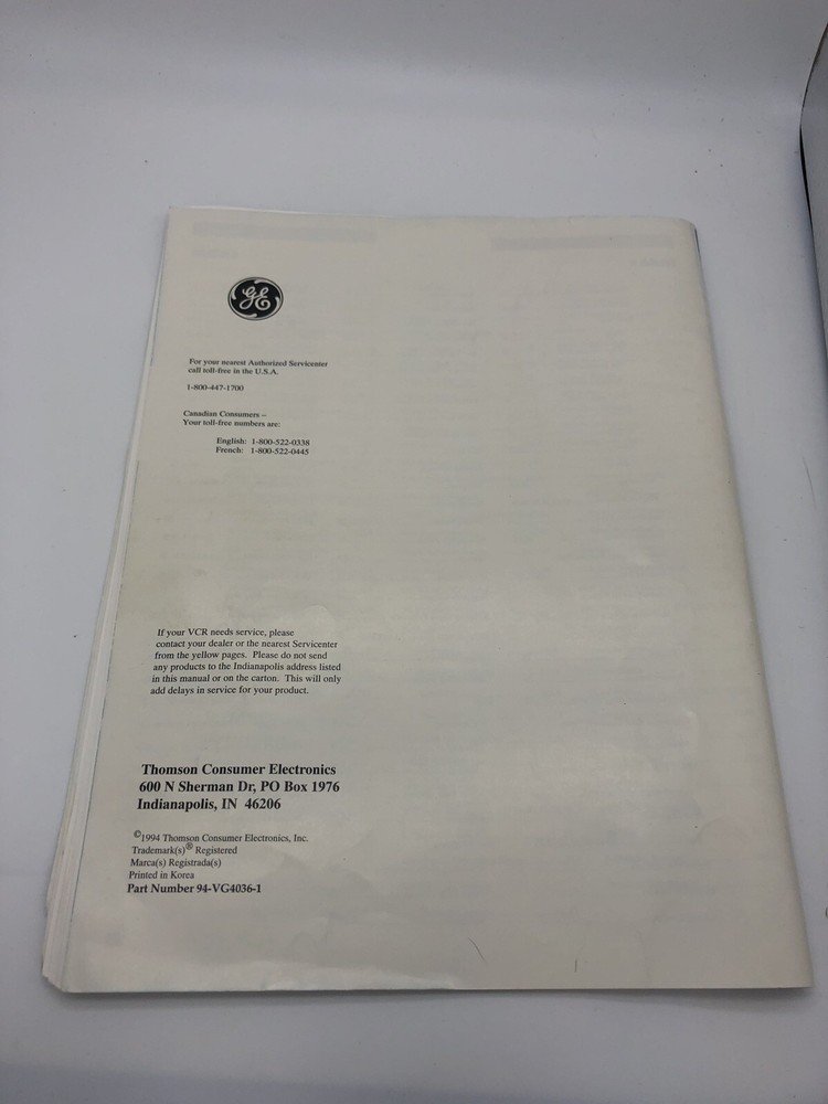 GE VG-4036 VCR Users Guide & Paperwork