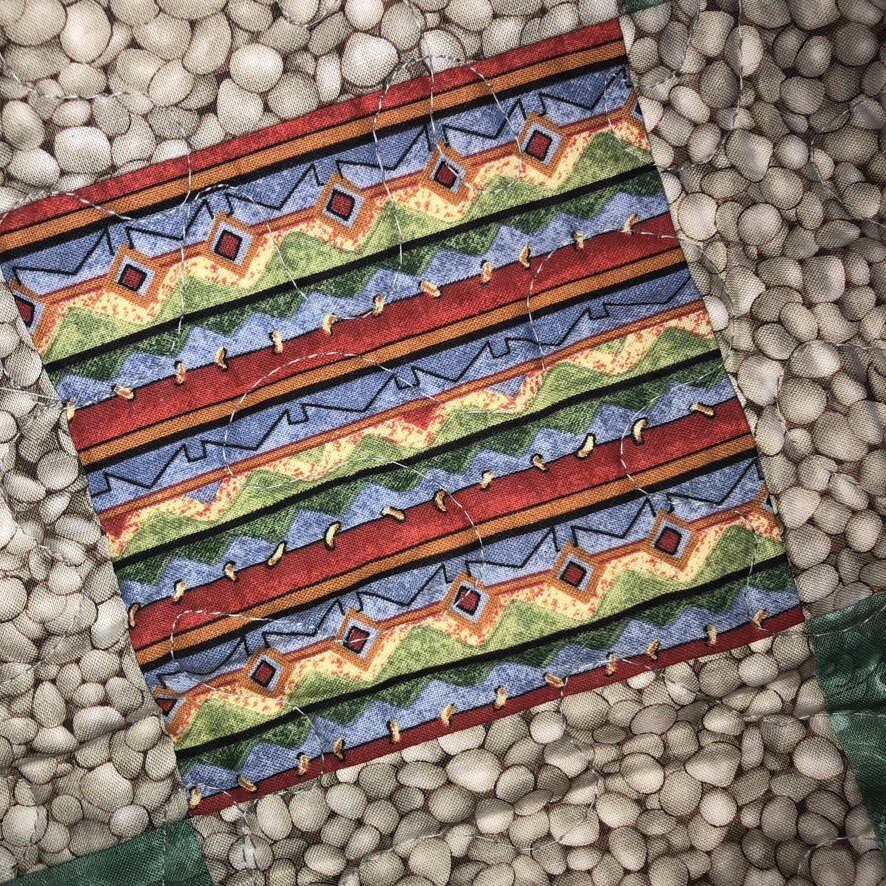 Handmade Patchwork Lap Quilt 34"x47" Multicolor Fish Pebbles Aztec Geometric EUC