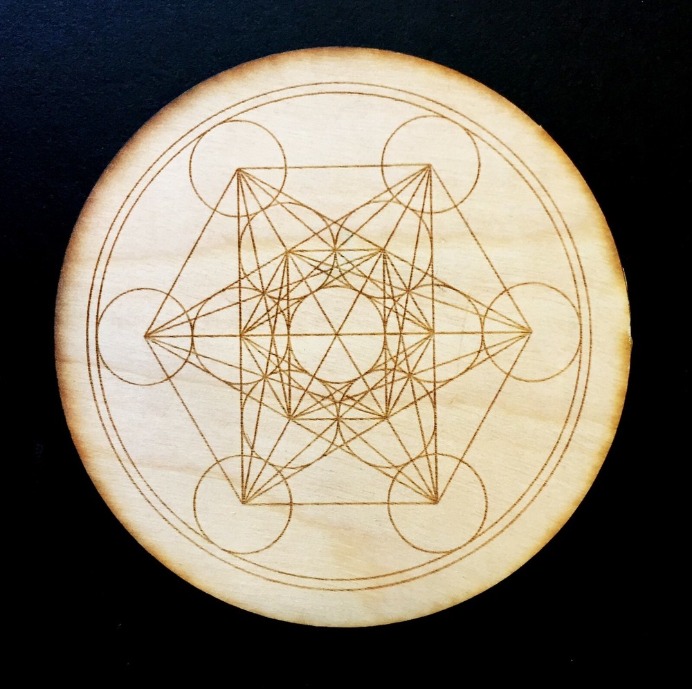 Laser engraved 3.5” Metratrone’s Cube Crystal Grid