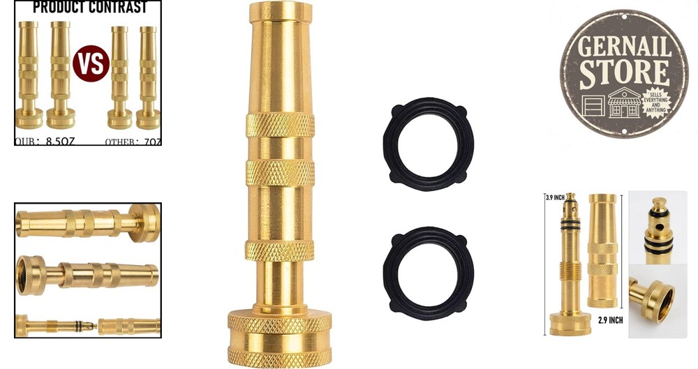 4 Inch Adjustable Twist Nozzle - Solid Brass Hose Attachment with Rubber Washers