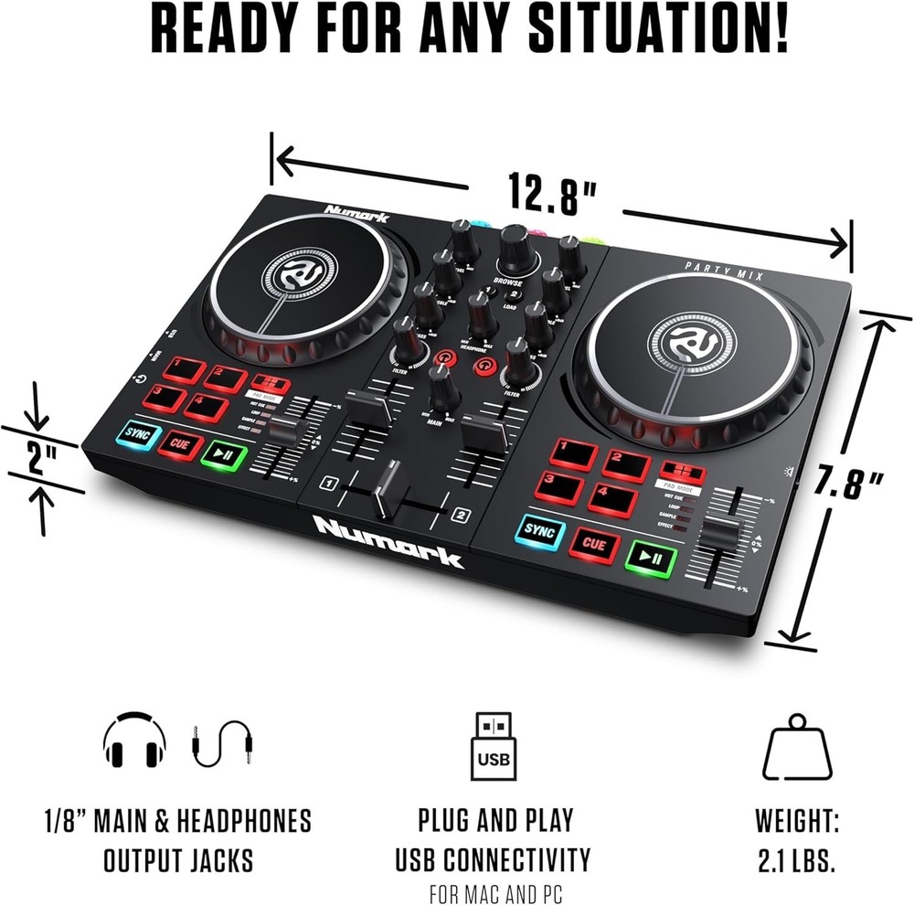 Party Mix II DJ Controller with Lights, 2 Decks, Mixer, Audio Interface and