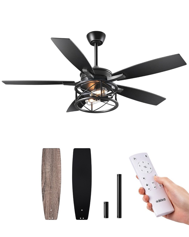 EDISHINE 52" Black Farmhouse Ceiling Fans W/ Lights, Reversible DC Motor,