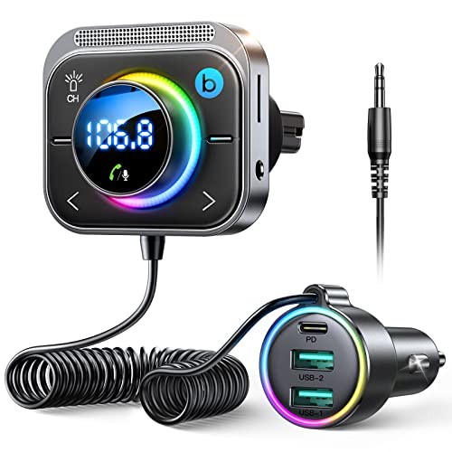96W FM Transmitter Bluetooth 5.4 Car Adapter Aux with 3 Charging Black
