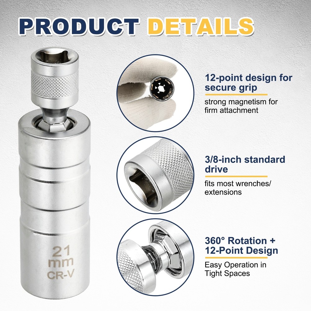 Spark Plug Socket 3/8" Drive 21mm Swivel Magnetic Thin Wall Silver