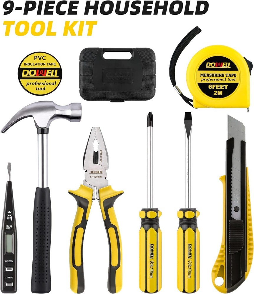 DOWELL Small Homeowner Tool Set 9 Pieces General Household Hand Tool...
