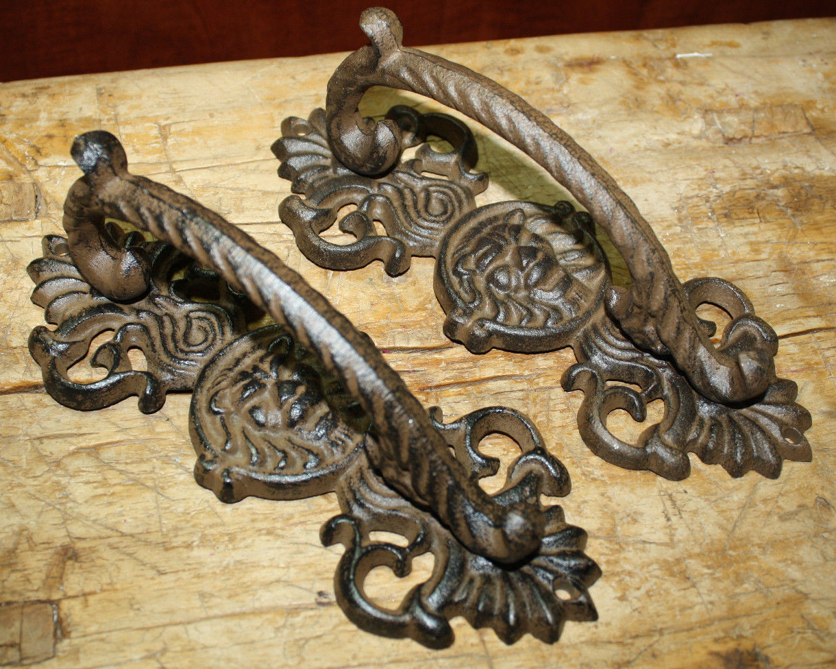 2 HUGE Cast Iron Antique Style LION HEAD Barn Handle Gate Pull Door Handles