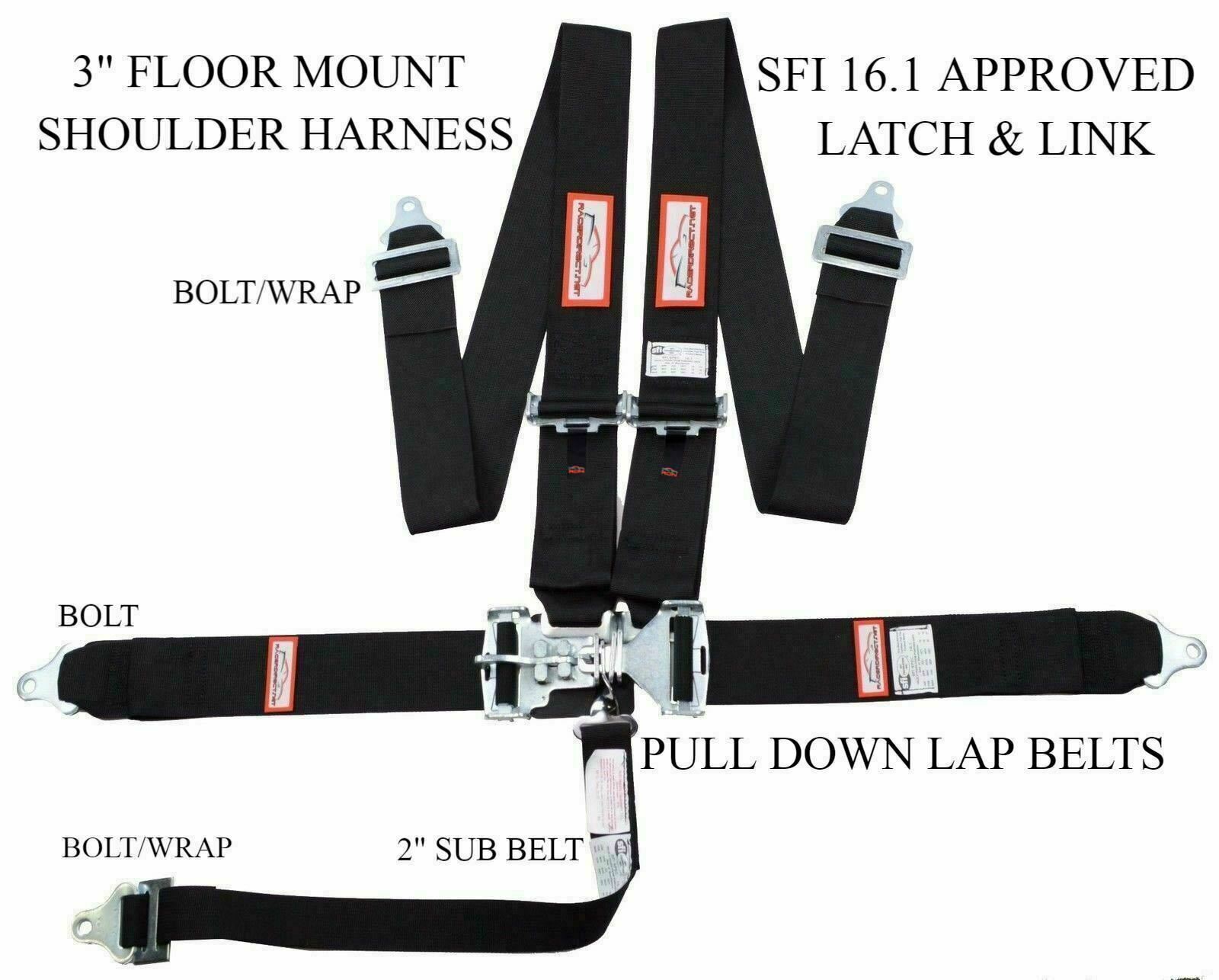 RACERDIRECT  NEW SFI 16.1 LATCH & LINK 5 POINT RACING HARNESS SEAT BELT BLACK
