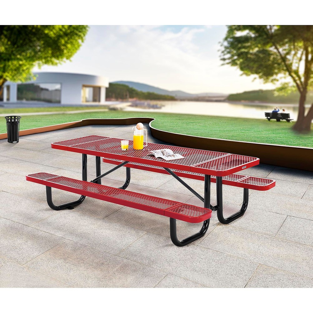Global Industrial 8'L Rectangular Picnic Table Expanded Metal Red