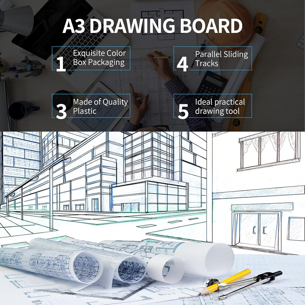 A3 Portable Drawing Board, Multi-Function Metric Drafting Table with Clear Rule