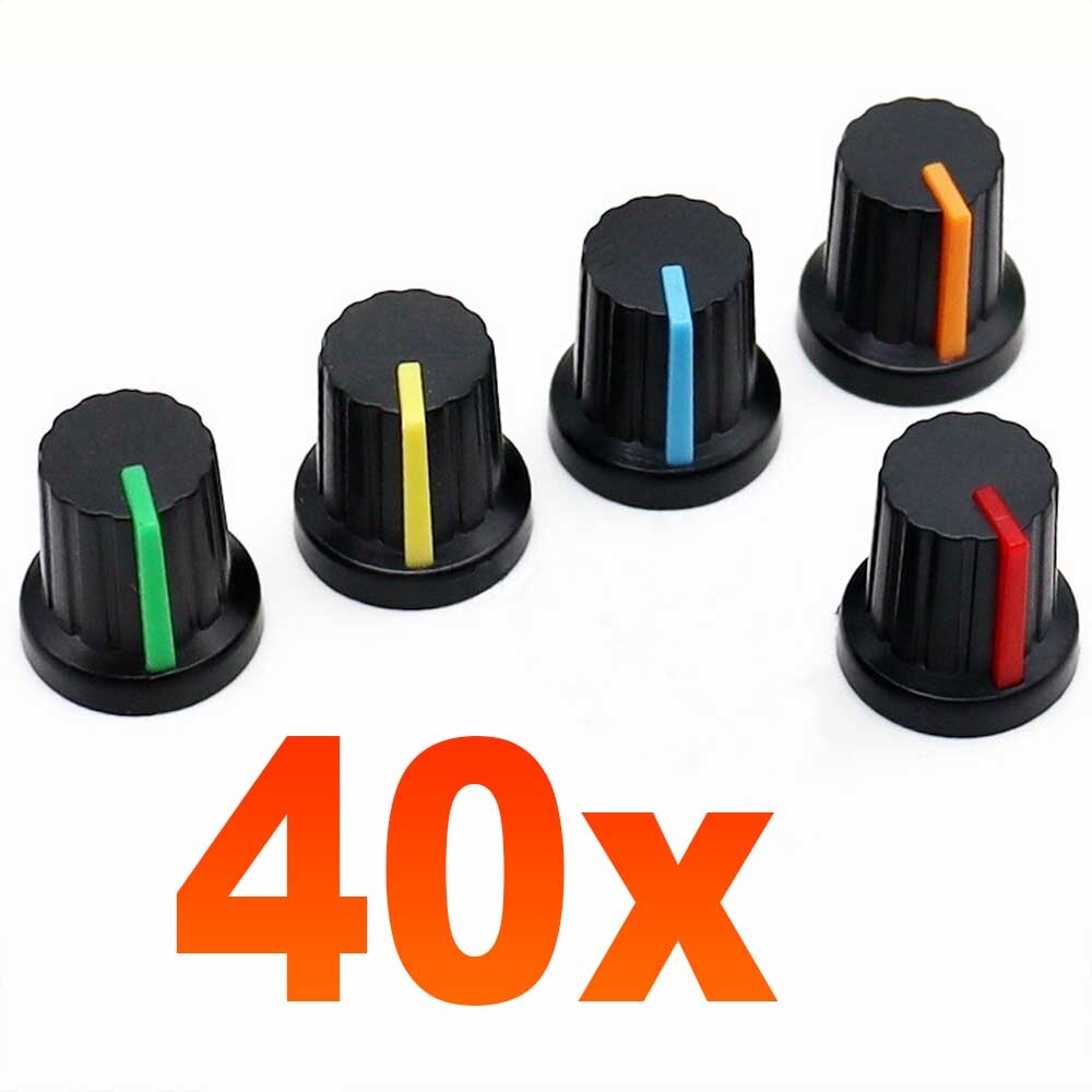 40 Pcs 6mm Shaft Hole Dia Plastic Threaded Knurled Potentiometer Knobs Cap 15*15