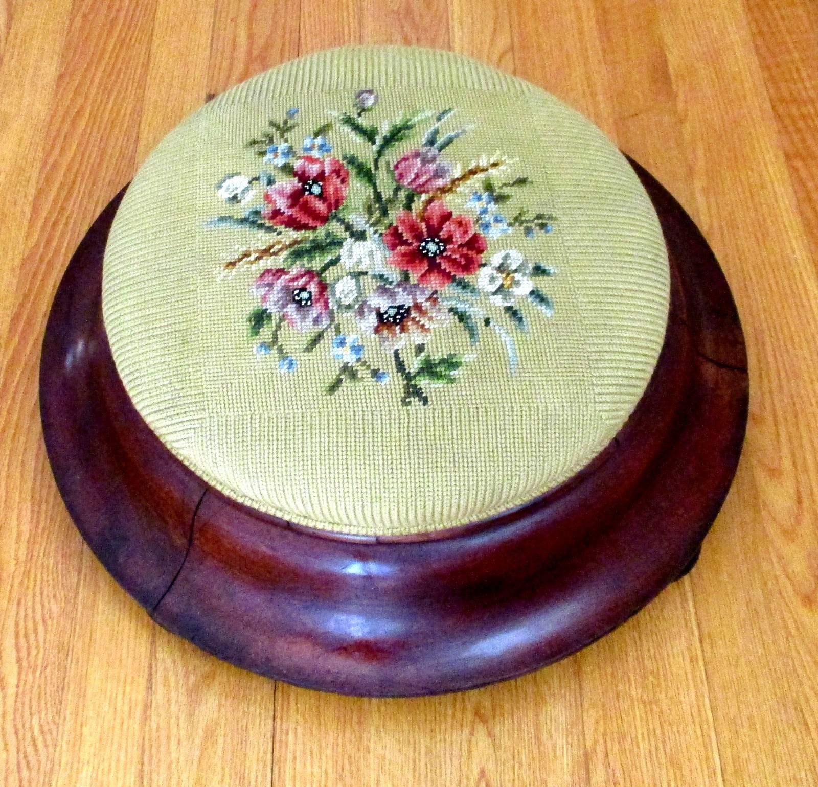 Antique Victorian Empire Pink Needlepoint Round Footstool Ottoman Mahogany