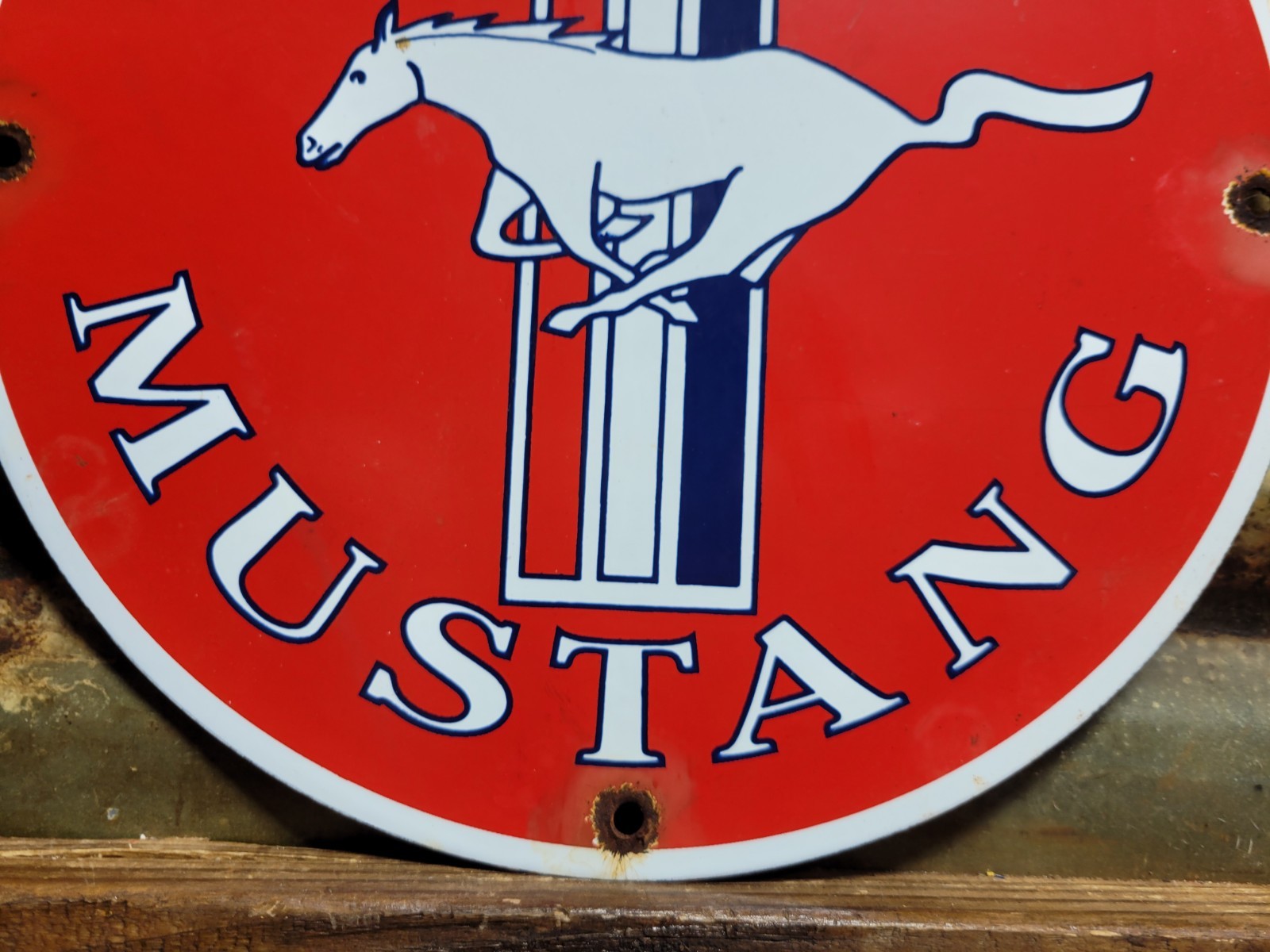 VINTAGE FORD MUSTANG PORCELAIN SIGN OLD FOMOCO MOTOR SERVICE AUTO PARTS HORSE
