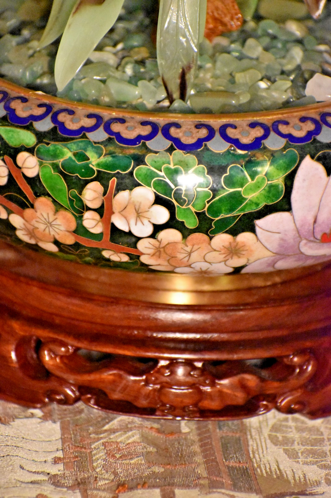 12" VINTAGE BONSAI PEKING JADE TREE IN CLOISONNE BOWL W/EBONY HANDCARVED STAND