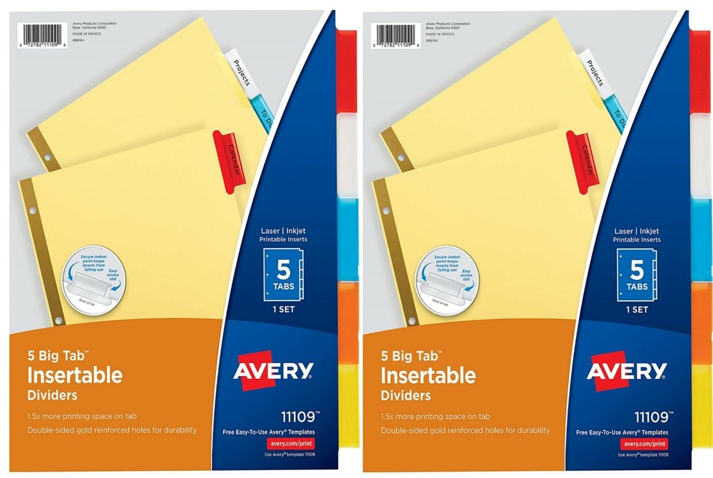 AVERY 5-Tab Binder Dividers, Insertable Multicolor Big Tabs 2 Set Paper Organize