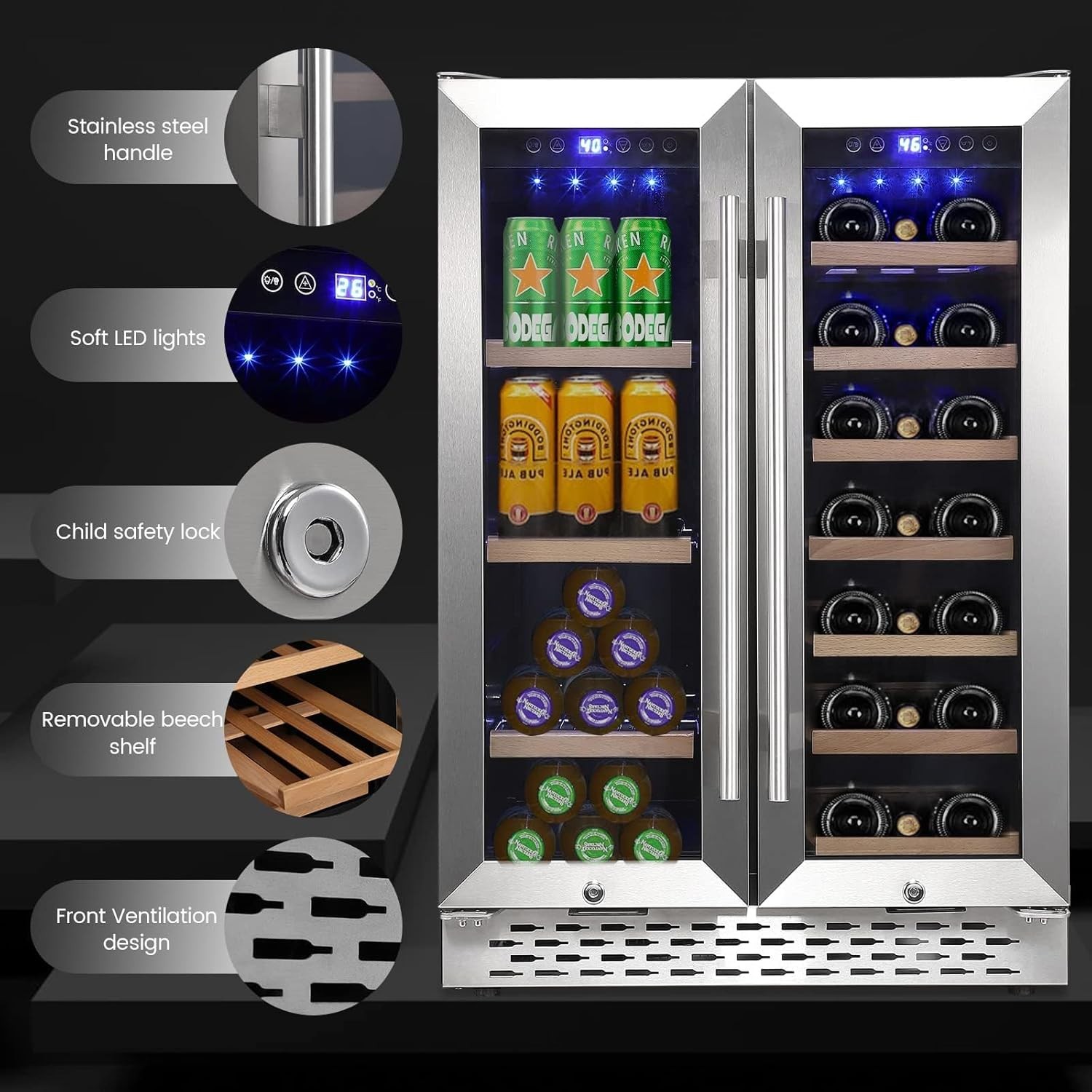 Wine and Beverage Refrigerator, 55 Cans & 20 Bottles Large Dual Zone Wine Cooler